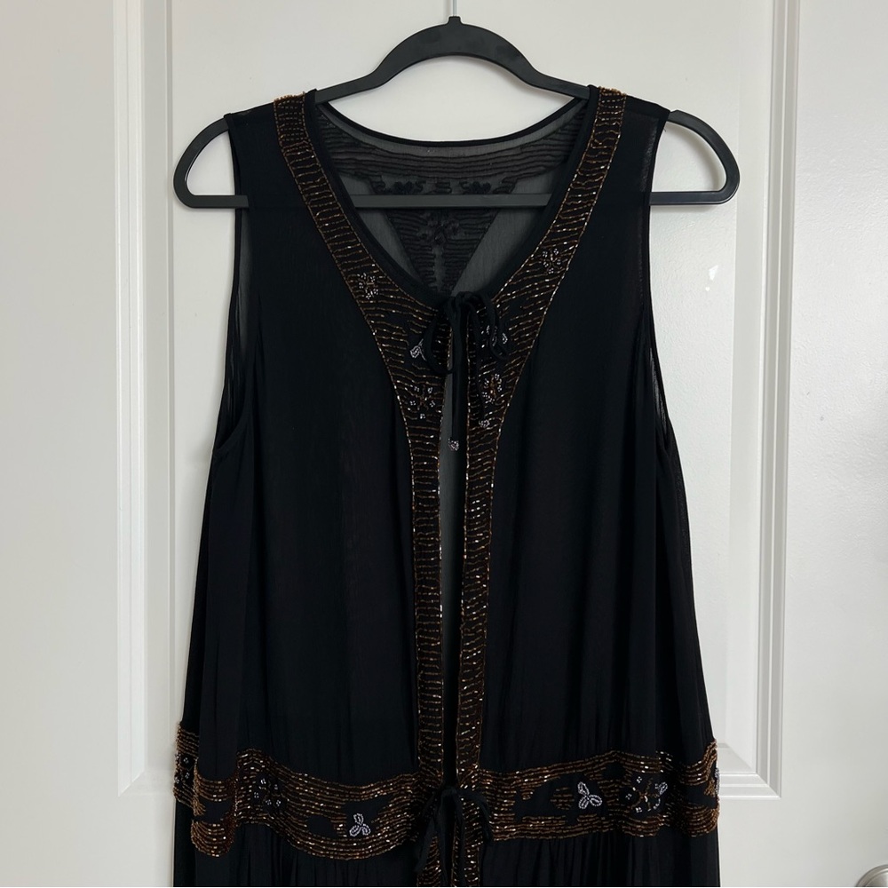 Gold Beaded Black Sheer Cover-Up | Front Ties | Size L/XL